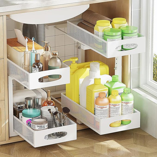 2-pack under sink organizer, 2-tier under sink organizer and storage, slide-out pull-out cabinet organizer with mesh metal sliding drawer for home kitchens, bathrooms, pantries (white)