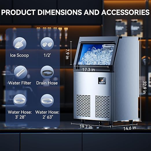 150 lbs/24H Commercial Ice Maker Machine,45 Cubes/6mins, 35 lbs Ice Storage Capacity, Under Counter Ice Maker Self Cleaning, Stainless Steel Freestanding Ice Maker for Home Bar Restaurant