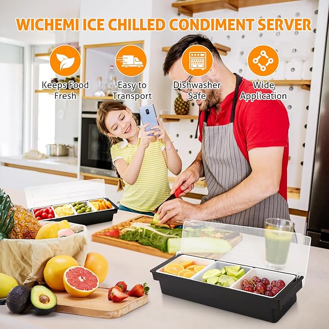 WICHEMI Fruit, Veggie & Condiment Caddy with Lid Dispenser Tray Plastic Garnish Station for Bartending & Serving Taco, Ice Cream, Salad Bar - Topping Organizer for Restaurant Supplies (3 Compartment)