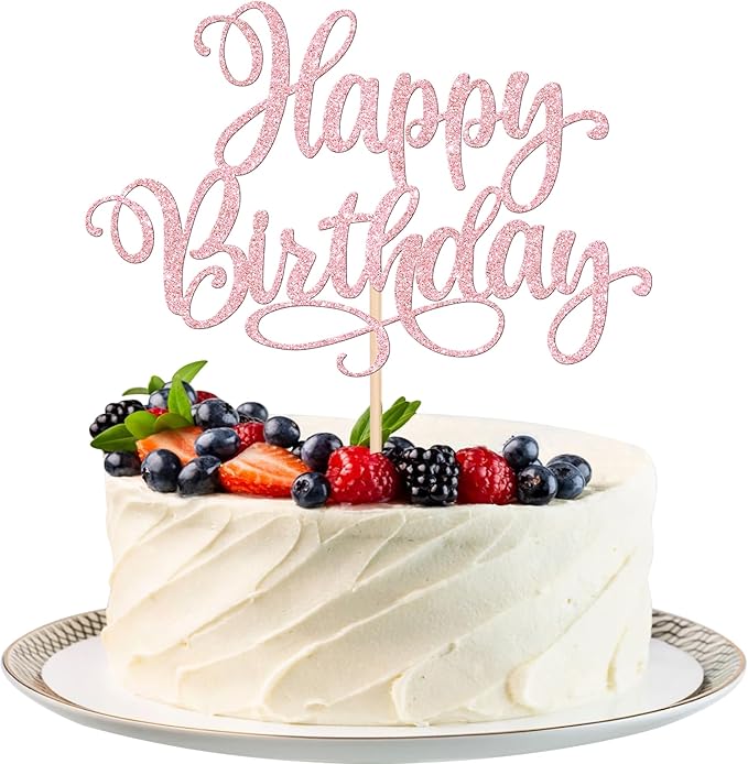 1 PCS Happy Birthday Cake Topper Glitter Happy Birthday Cake Pick Bunting Decor for Anniversary Celebrating Happy Birthday Party Cake Decorations Supplies Light Pink