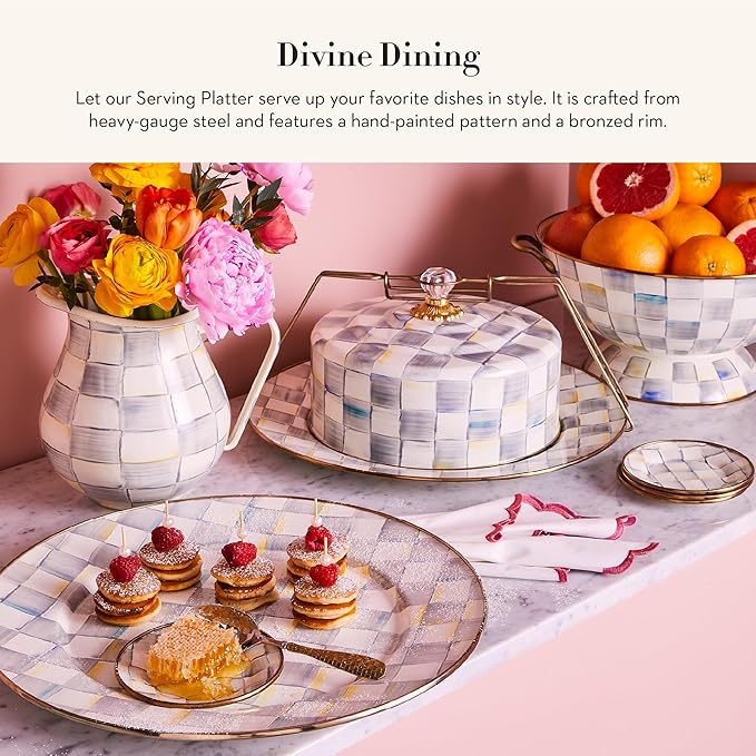 MACKENZIE-CHILDS Enamel Serving Platter, Decorative Serving Platter for Food, 16 Inches, Gray-and-White Sterling Check