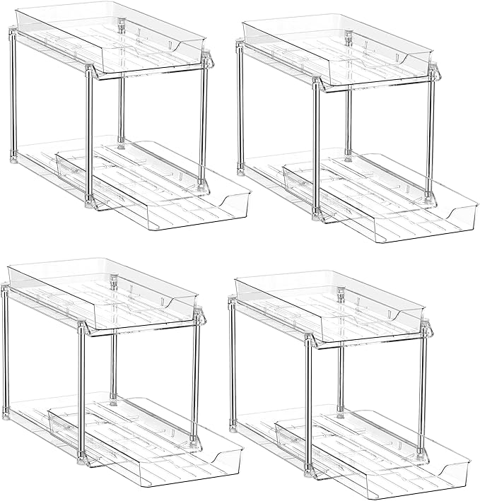 JLKDQ 4 Pack Bathroom Under Sink Organizers and Storage, 2-Tier Pull Out Medicine Cabinet Organizing- Kitchen, Pantry, Medicine Storage Bins, Vanity Makeup.(Clear,10.63" L x 8.0" W x 8.46" H).