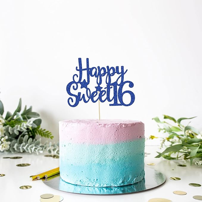 Gyufise 1Pc Happy Sweet 16 Cake Topper Blue Glitter Sweet 16 Birthday Cake Decoration Happy 16th Birthday Decorations for Girls Boys Party Supplies