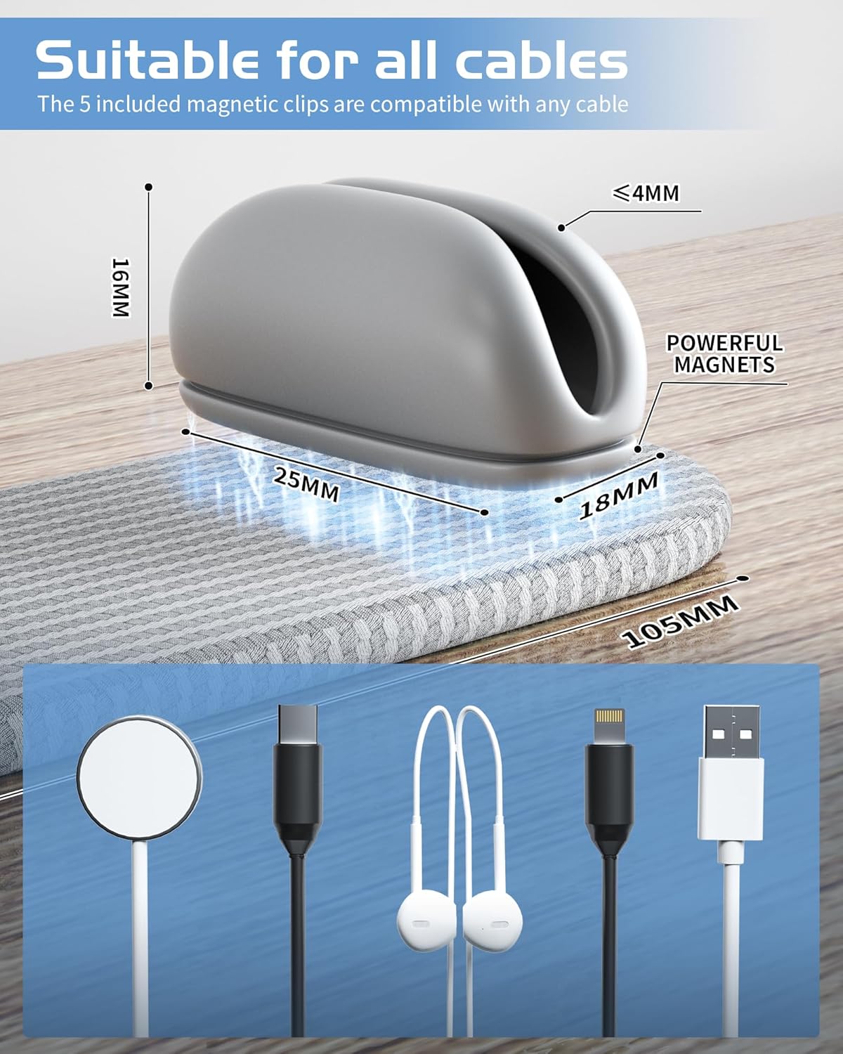 5-Pack Magnetic Cable Clips Cord Organizer - Smoothly Adjustable, Puretor Desk Cable Management Clips. Ideal Wire Holders for Desktop, Nightstand, Wall - Perfect for Home Office, Phone, Car (Grey)