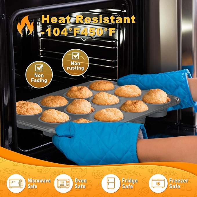 The Muffin Pan With Metal Frame & Foldable Sillicone Cups, Sturdy and Nonstick Muffin Pan Food Grade Silicone Molds (Grey, 1 Pack)