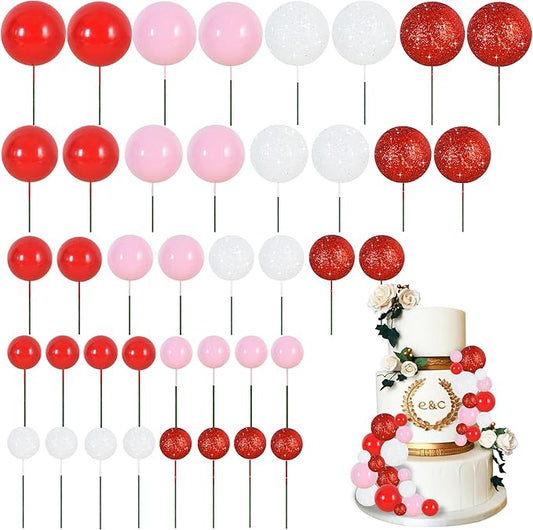 BEISHIDA 40 Pcs Foam Ball Cake Toppers with Sticks Mini Ball Cake Decorations for Birthdays, Weddings, Valentines, DIY Baking Supplies, Anniversary Party (Red, Pink, White)