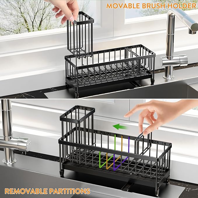 Cisily Extra Large Black Sponge Holder for Kitchen Sink, Sink Caddy Organizer with High Brush Holder, Kitchen Countertop Organizers and Storage Essentials, Rustproof 304 Stainless Steel