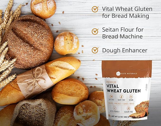 Kate Naturals Vital Wheat Gluten for Bread Making, Baking & Seitan. Compatible with Bread Machine (12oz, High Protein Flour)