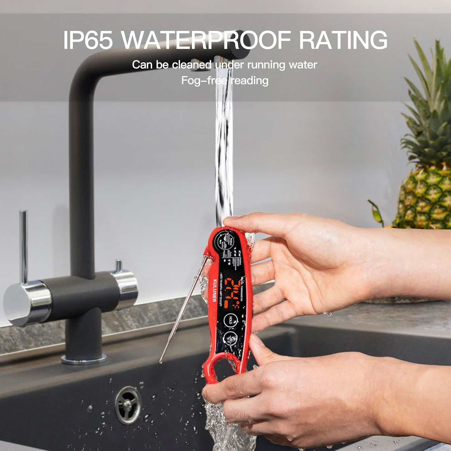 KULUNER 1-Second Rapid and Accurate Meat Thermometer - Waterproof Multifunctional Kitchen Food Thermometer, Ideal for Frying, Smoking, Grilling and More(Red)