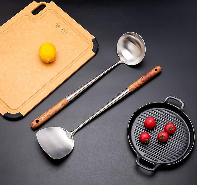 FJNATINH Wok Spatula and Ladle Tool Set, 17inches Spatula for Wok, 304 Stainless Steel Spatula Soup Ladle