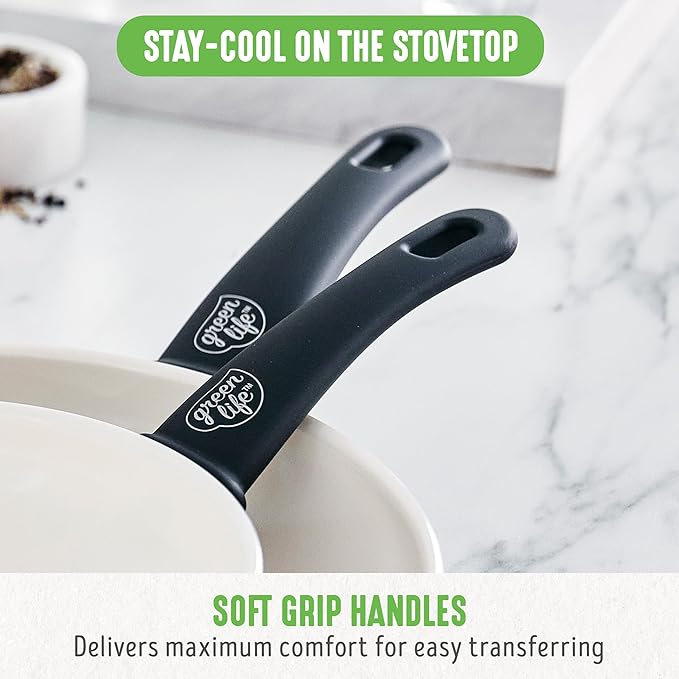 GreenLife 16 Piece Nonstick Cookware Set, Soft Grip Non-Toxic PFAS-Free Ceramic Pots & Pans, Dishwasher & Oven Safe, Frying, Sauce, Utensils, Glass Lids, Stay-Cool Handles, Wobble Free, Black & Cream