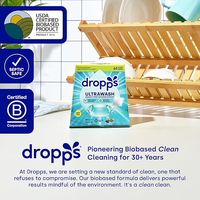 Dropps UltraWash Dishwasher Pods, Unscented (120 Count) - Biobased Power Deep Clean Dishwasher Detergent Tablets for Sparkling Shiny Dishes - No Rinse Aid or Pre-Wash Needed - Dishwashing Pods