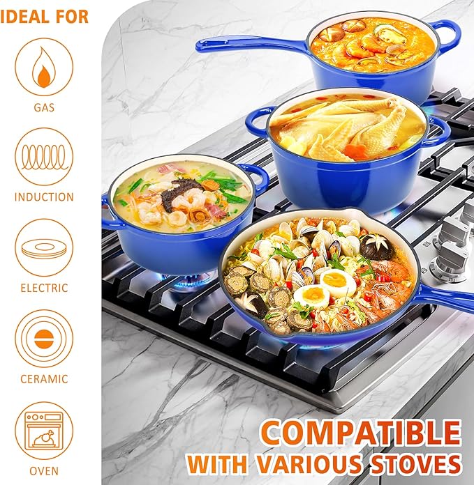 Hisencn Enameled Cast Iron Cookware Set - 7 Piece Set of Dutch Ovens, Sauce Pan, Skillet, 3 Lids, Dutch Oven Set, Ceramic Coated Cast Iron, Heavy Duty, Gas/Induction Compatible, PFA Free, Cobalt Blue