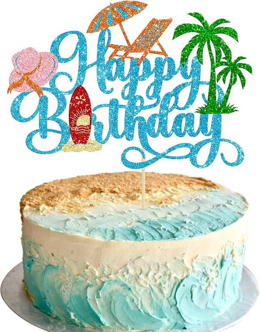 Gyufise 1Pcs Summer Beach Happy Birthday Cake Topper Glitter Ball Tree Umbrella Pool Cake Pick for Hawaiian Holiday Baby Shower Birthday Party Cake Decorations Supplies Blue