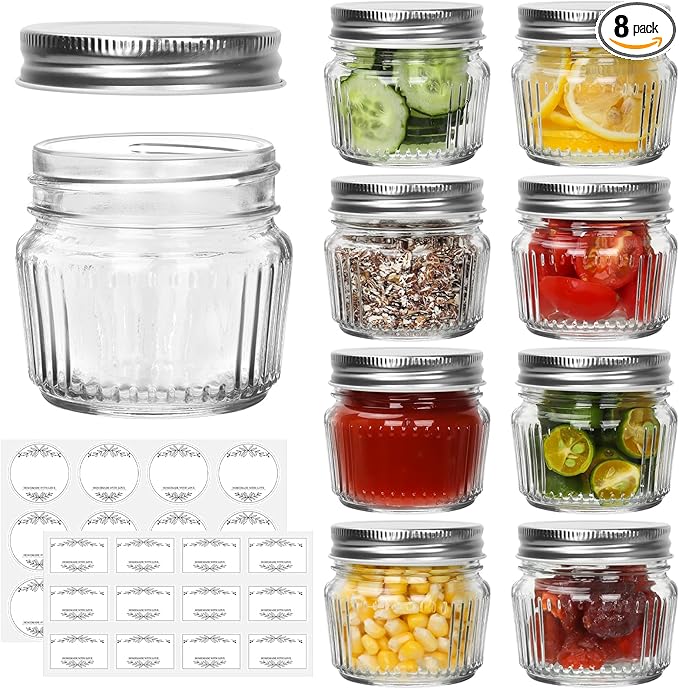 Cehomi Small Glass Mason Jars with Lids - 4 oz Vintage Canning Jars, Pickling Jars for Jelly, Jam, Honey, Pickles, Spice, Essential Preserver for Home Storage and Gifting 8 Pack