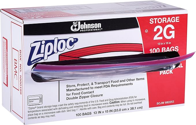 SC Johnson Professional Ziploc Storage Bags, For Food Organization and Storage, Double Zipper, 2 Gallon, 100 Count