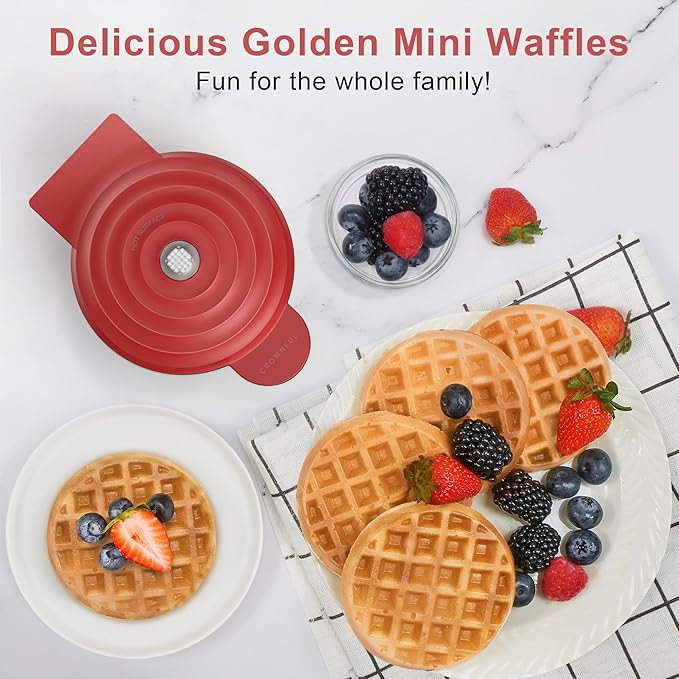 CROWNFUL Mini Waffle Maker Machine, 4 Inch Chaffle Maker with Compact Design, Easy to Clean, Non-Stick Surface, Recipe Guide Included, Perfect for Breakfast, Dessert, Sandwich, or Other Snacks (Red)