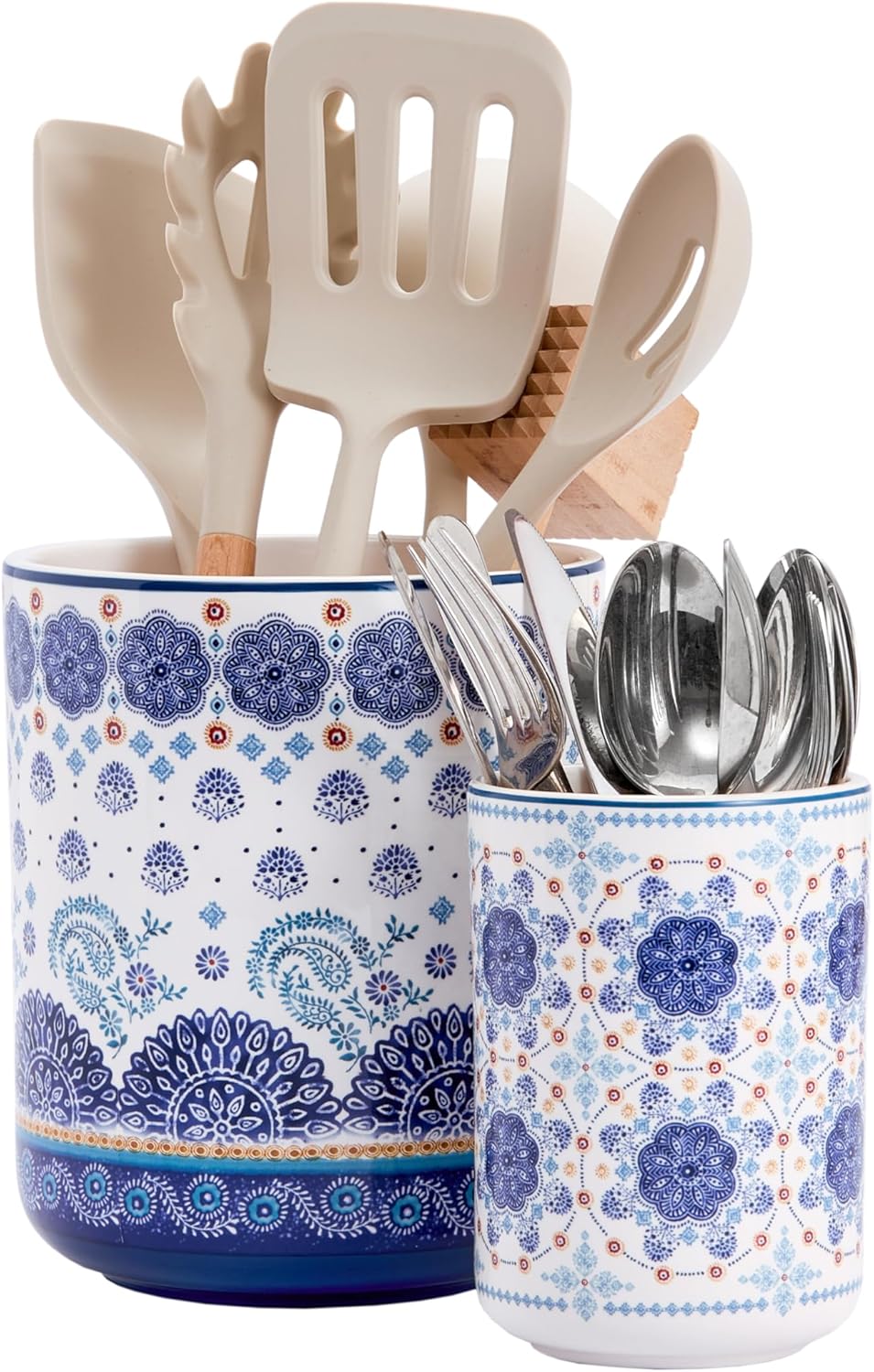 Bico Blue Talavera Ceramic Utensil Holder Set of 2, Ceramic Kitchen Utensil Crocks for Countertop, Large Cooking Tool Holder Counter Decor, Spatula Organizer