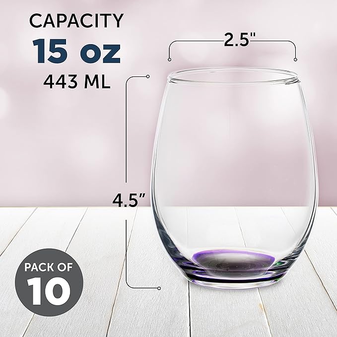 DISCOUNT PROMOS Stemless Wine Glasses in Bulk by ARC Perfection, 15 oz, 10 Pack, Purple or White Wine Glass Set, Purple
