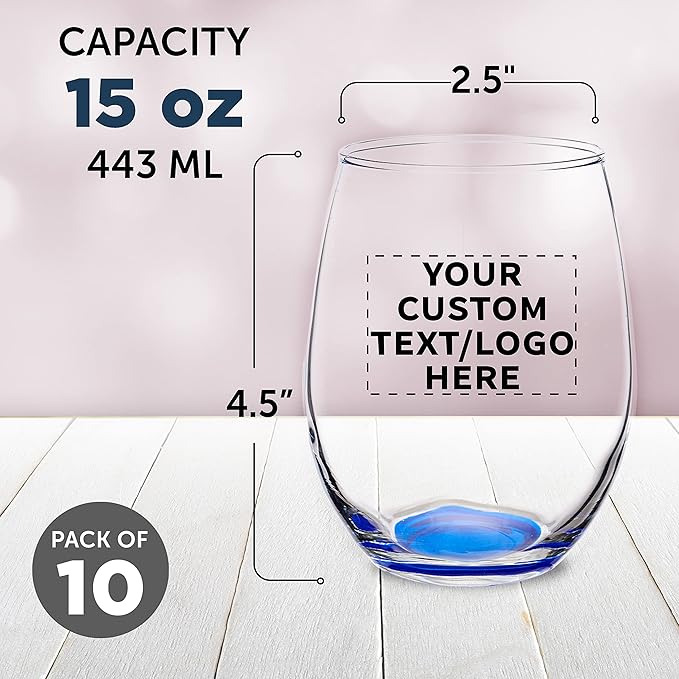 Custom Stemless Wine Glasses in Bulk by ARC Perfection, 15 oz, 10 pack, Personalized Text, Logo, Red or White Wine Glass Set, Blue