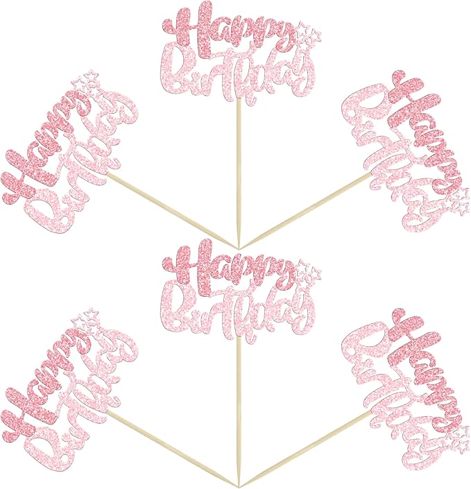 Ephlyn 24Pcs Pink Light Pink Happy Birthday Cupcake Toppers for Baby Shower, Kids Boys Girls Birthday Anniversary Party Cake Decorations