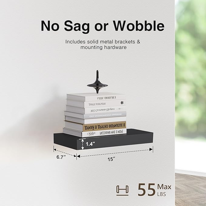 Colima Floating Shelves for Wall Black Wood Shelf for Bedroom, 15 Inch Wall Mounted for Bathroom Living Room Kitchen Office, 1.3" Thick Floating Book Shelves for Wall, Set of 2