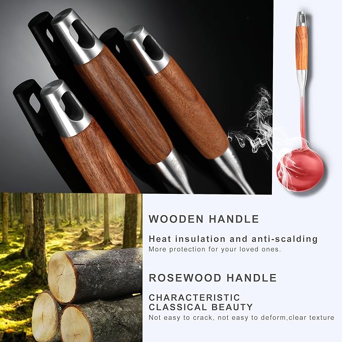 18/10 Stainless Steel Kitchen Utensils Set with Wooden Handle for Cooking 9 PCS with Solid and Slotted Spoon, Fork, Spatula, Ladle, Skimmer, Slotted Tunner, Spaghetti and Large Spoon