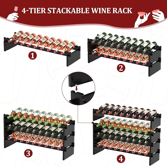 Domax Wine Rack Freestanding Floor - 36 Bottle Wooden Stackable Wine Storage Holder for Cabinet, Bar, Pantry and Cellar 33.5 inch Wide(Black)