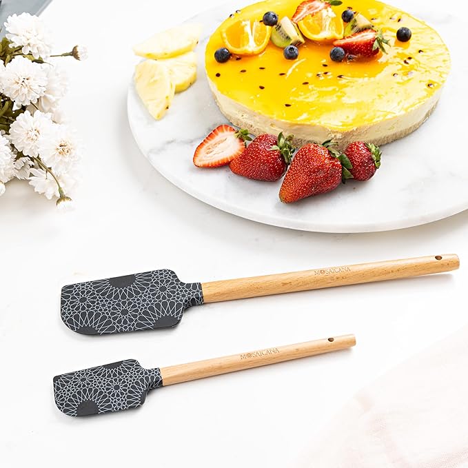 Silicone Spatula set of 2 with wooden handle and stunning pattern (Black)