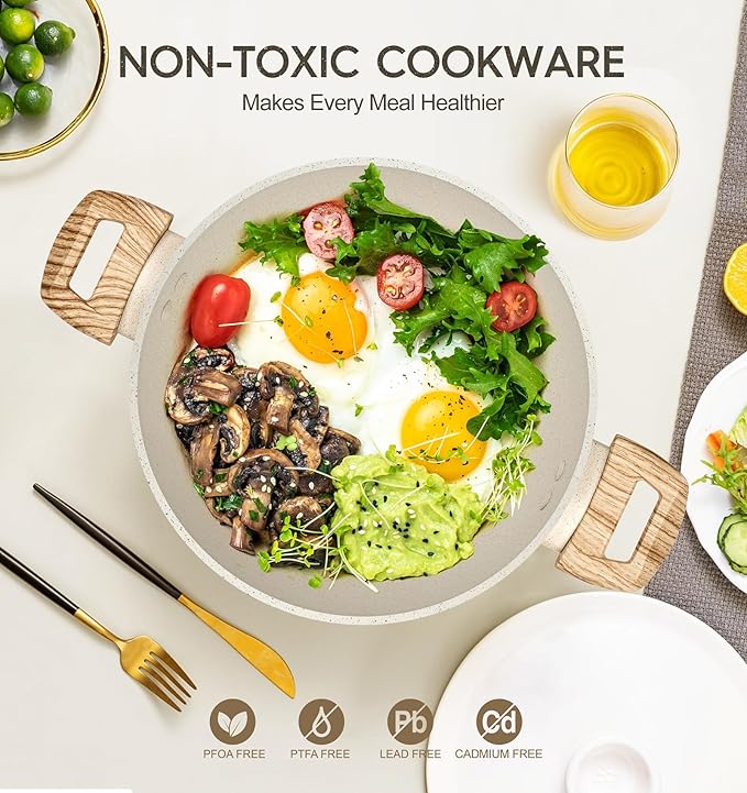 MICHELANGELO 4.3 Quart Nonstick Soup Pot with Lid, Non-Toxic Granite Coating, Induction Compatible, Non Stick Pot for Cooking with Stay-cool Handles, White