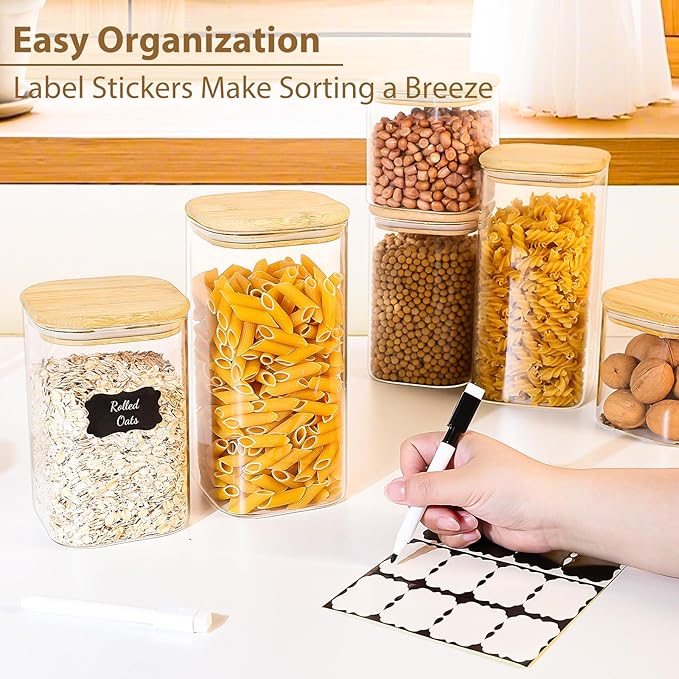 6 Pack Square Glass Storage Containers with Bamboo Lids (24oz/37oz/51oz) – Clear Food Airtight Canisters Sets for The Kitchen, Glass Jars for Coffee Beans, Coffee, Flour, Snacks, Spices