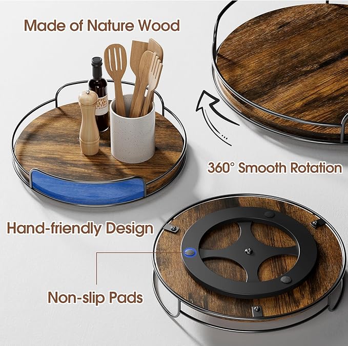 LAMU 2 Pack 9'' 10'' Lazy Susan Turntable Organizer for Table Top Cabinet, Wooden Lazy Susan for Kitchen, Pantry, Countertop, Bathroom Vanity, Spice Organization, Wood Decor