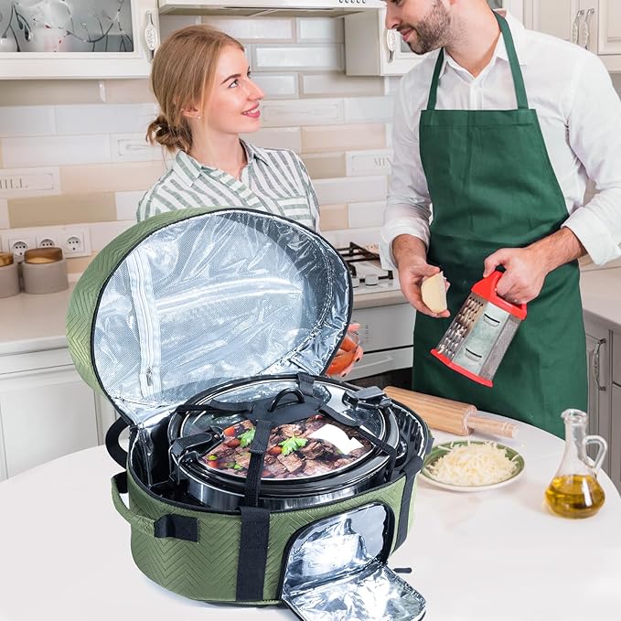 Insulated Slow Cooker Carrying Bag for 6-8 Quart CrockPot and Hamilton Beach Slow Cooker with See-thought Window, Portable Carrier Case with Adjustable Band and Accessory Pocket