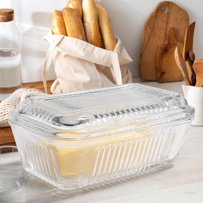 Wide Glass Butter Dish with Two Stick Butter for Countertop,Crystal Butter Container with Cover for Counter,Butter Tray Holder for Refrigerator,Large Glass Butter Keeper