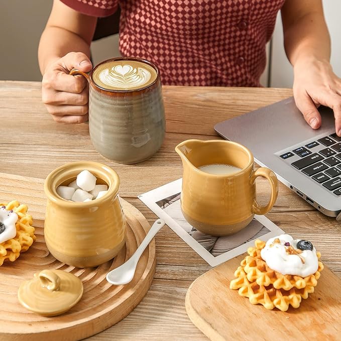 Hasense Sugar and Creamer Set, 11 Ounce Sugar Bowl with Lid and Spoon, 10 Ounce Creamer Container, Ceramic Cream and Sugar set for Coffee Bar, Dishwasher Safe, Yellow