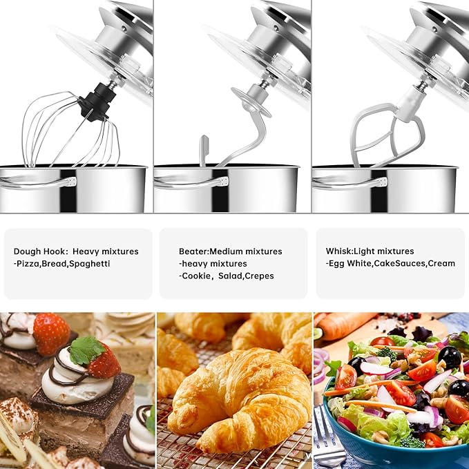 Seedeem Stand Mixer, 6Qt Electric Food Mixer, 660W 6-Speeds Tilt-Head Dough Mixers with Dishwasher-Safe Dough Hook, Wire Whip & Beater for Daily Use, Silver