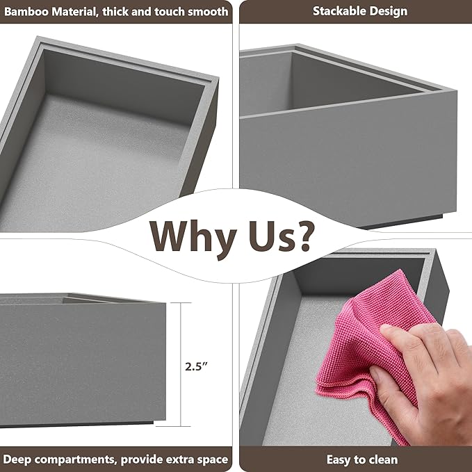 Kitchen Drawer Organizer Bins, Stackable Bamboo Drawer Organizer for Silverware, 2 Pcs Toilet Paper Basket Holder, Wood Bathroom Tray Countertop, Toilet Tank Tray Silver 15" x 6" x 2.5"