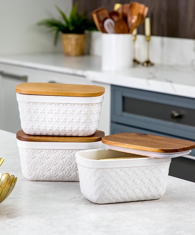 Nucookery Ceramic Butter Dish, Embossed Butter Keeper with Wood Lid for Countertop, Butter Holder and Container with Double Silicone Seal (Fan Pattern)