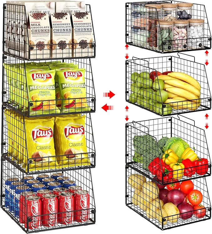 4 Pack XXL Stackable Wire Storage Basket, Extra Large Capacity Pantry Organizer and Storage, Muti-Purpose for Fruit Vegetable Basket & Toy Bin & Snack Organizer