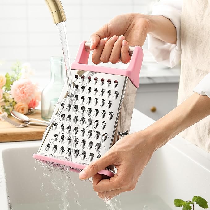 Spring Chef Professional Stainless Steel XL Parmesan Cheese Grater with Handle - 4 Sided Box Grater for Kitchen - Dishwasher Safe Carrot Shredder for Potato, Vegetables, Ginger - Pink Lemonade