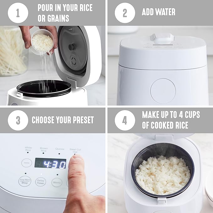 GreenLife Digital Rice Cooker, 2-Cups Uncooked/4-Cups Cooked, Removable Nonstick Ceramic PFAS-Free Pot, One-Touch Presets, Oats, Quinoa, Brown Rice, Auto Keep Warm, Fuzzy Logic Tech, 1.5 QT, White