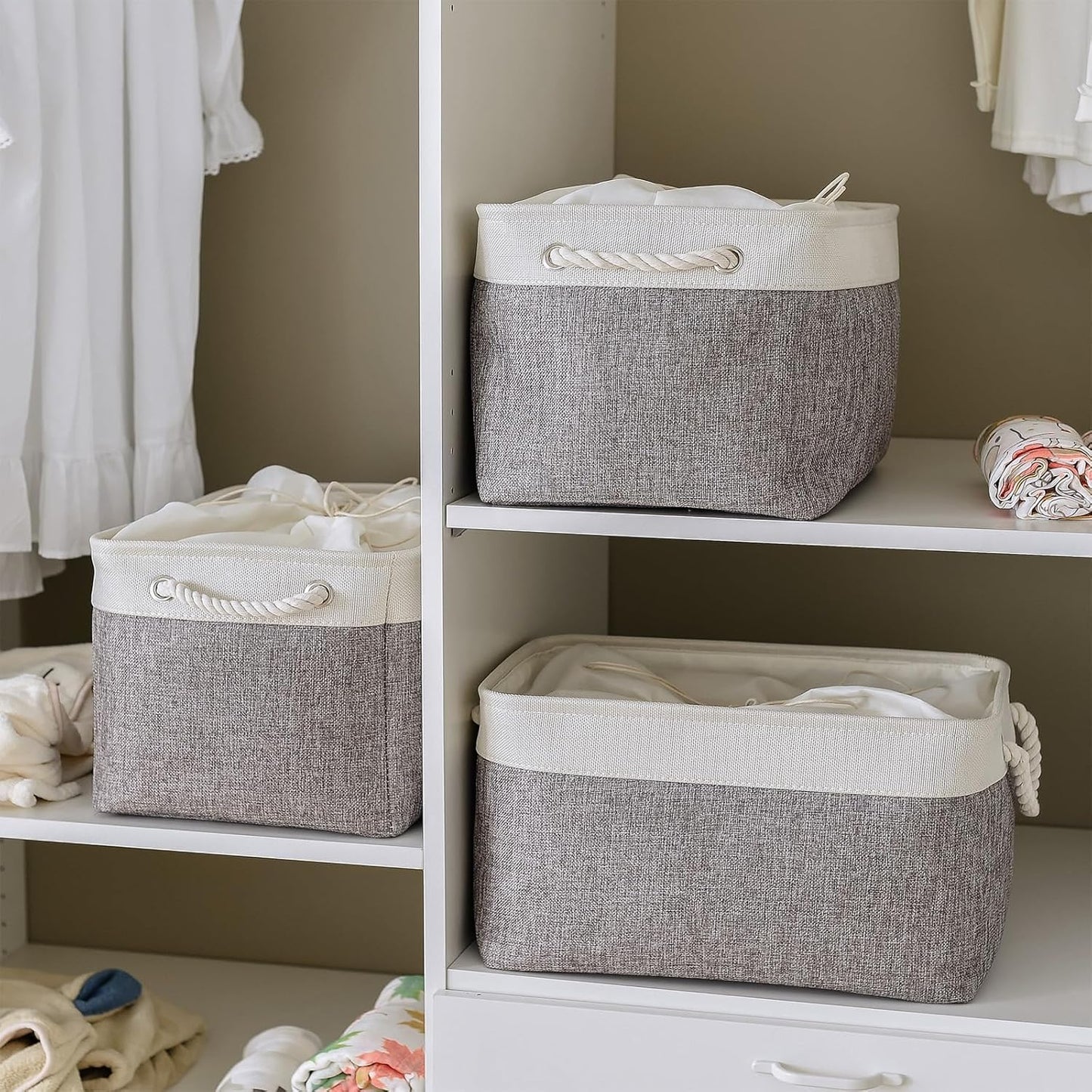 TheWarmHome Storage Baskets for Organizing, X Large - 3 Pack 17.7L×13.8W×9.8H in Foldable Storage Bins for Shelves, Fabric Storage Box for Closet Nursery Toy Gift (White & Grey)