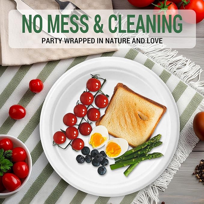 50 Compostable Paper Plates, Includes 25-9" & 25-7" Heavy Duty Disposable Plates, Biodegradable Sugarcane Bagasse, White