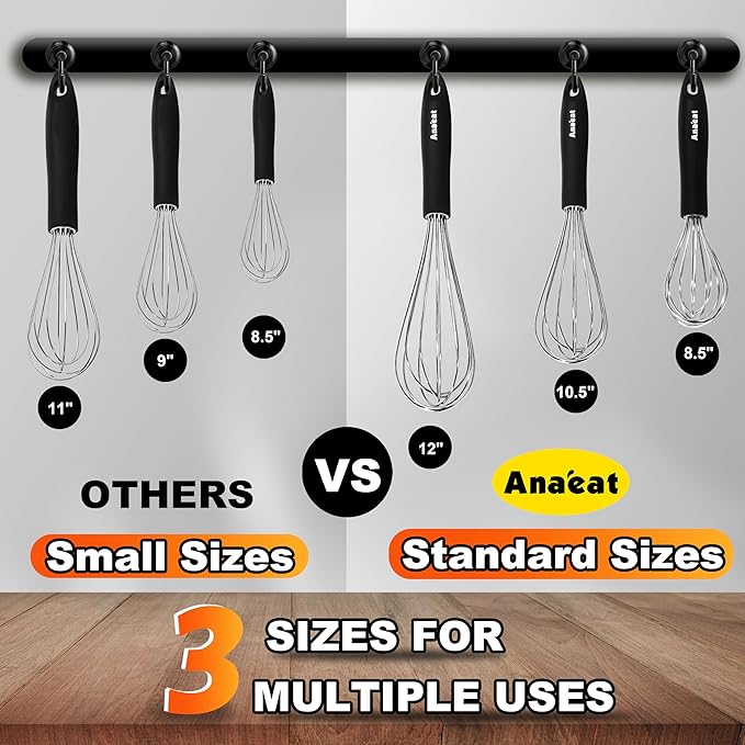 3 Packs Stainless Steel Whisk Set - Balloon Whisk, Anaeat Thick Stainless Steel Wire ＆ Strong Handles, Egg Beater for Cooking, Blending, Whisking, Beating and Stirring (8.5"+10.5"+12")