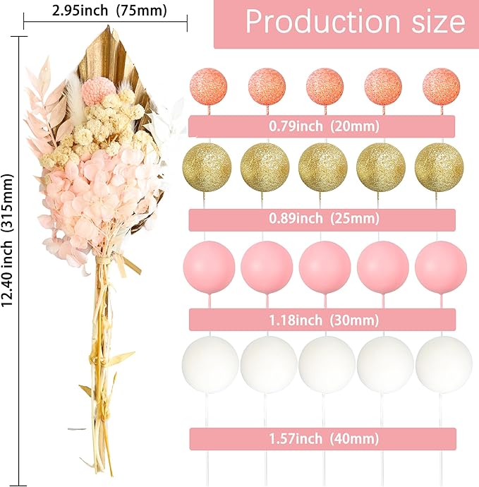 Gyufise 21 Pack Flower Boho Cake Topper Ball Cake Decorations Palm Leaves Plants Cake Decor for Girl Bohemian Princess Theme Wedding Baby Shower Birthday Party Supplies Gold Pink