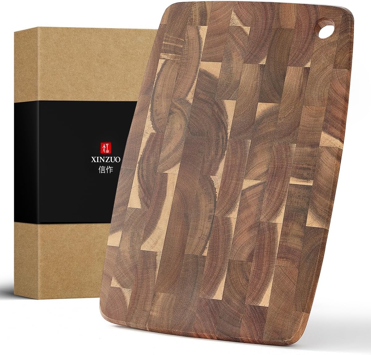XINZUO Small Acacia Wood End-Grain Kitchen Cutting and Serving Board, for Kitchen, 14" x 9" Reversible Wooden Chopping Board for Meat, Cheese, Fruit & Vegetables,Easy to Clean(Rectangular)