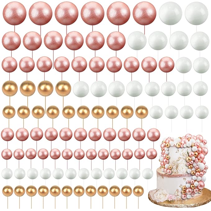 108 Pcs Balls Cake Topper DIY Cupcake Insert Foam Balloons for Cake Baking Wedding Anniversary Birthday Decoration(Rose Gold, White, Gold,Multi Sizes)