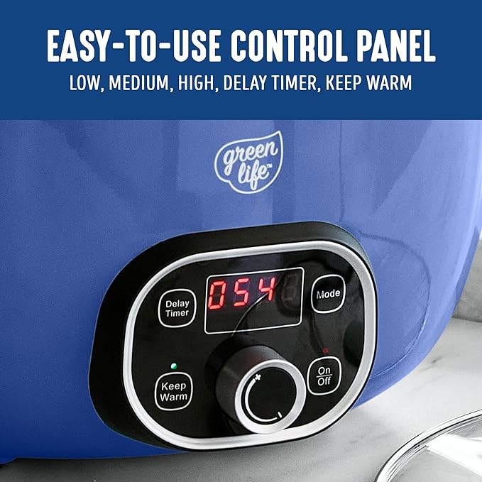 GreenLife 6QT Slow Cooker, Non-Toxic PFAS-Free Ceramic Nonstick Removable Interior Bowl, Programmable, Family Friendly, Keep Warm, Stovetop & Oven Safe, Dishwasher Safe Parts, Timer, Glass Lid, Blue