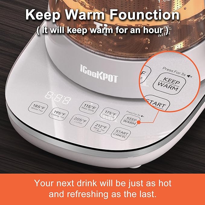 Titanium & Stainless Steel Electric Kettle with Tea Infuser and Temperature Control,1.5L Glass Tea Maker,1500W Rapid Boiling,Programmable Control for your Favorite Teas and Coffee-Grey