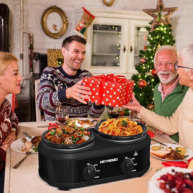 Double Slow Cooker, 2 X 1.25QT Slow Cooker with 3 Cooking Settings, Buffet Servers and Warmers with Dishwasher-Safe Ceramic Pot, Glass Lid, Black
